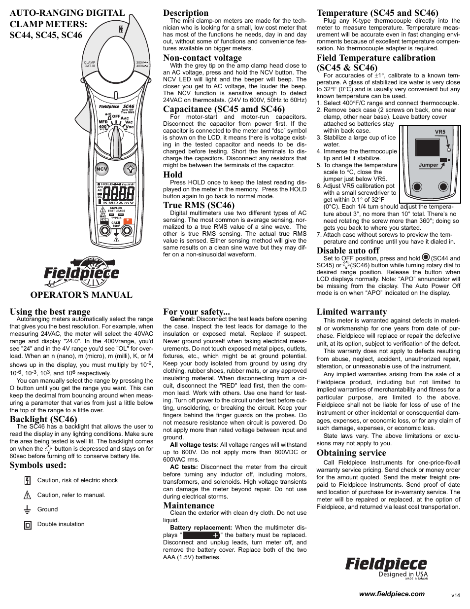 Fieldpiece SC44 - Mini Clamp Meter User Manual | 2 pages