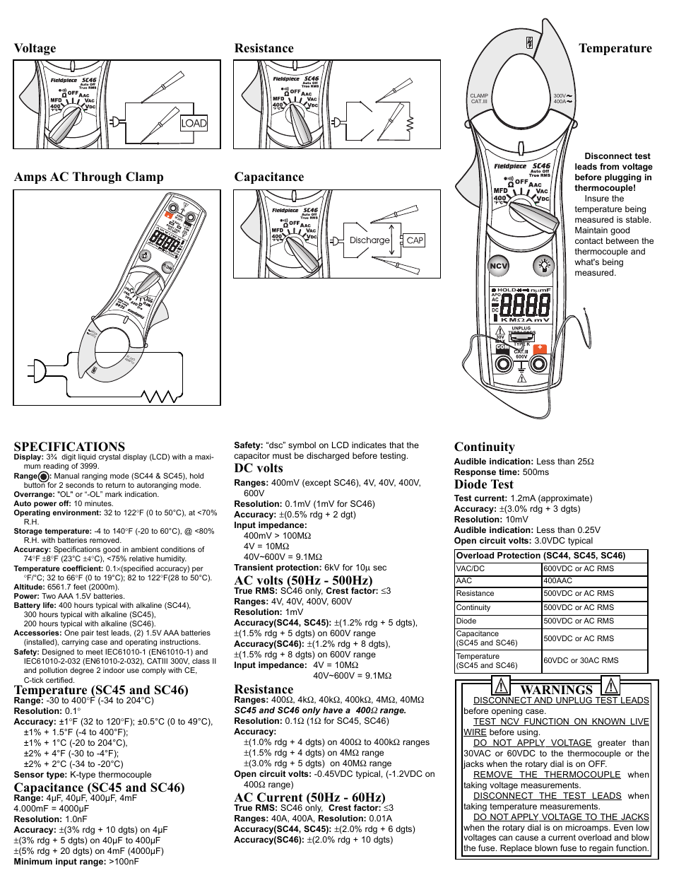 Specifications, Temperature (sc45 and sc46), Capacitance (sc45 and sc46) | Dc volts, Resistance, Ac current (50hz - 60hz), Continuity, Diode test, Warnings, Temperature | Fieldpiece SC44 - Mini Clamp Meter User Manual | Page 2 / 2