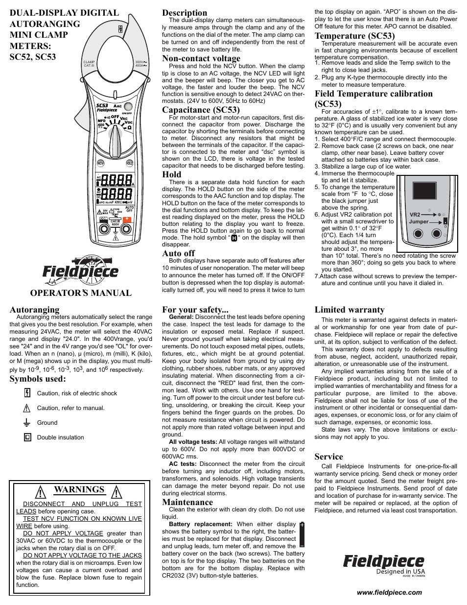 Fieldpiece SC53 - Dual Display Mini Clamp Meter User Manual | 2 pages
