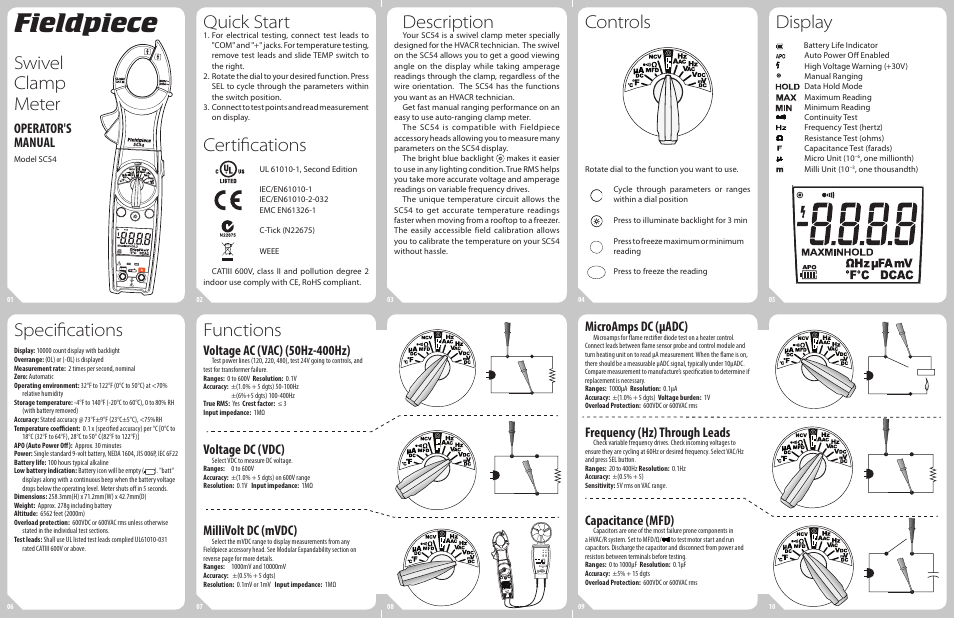 Fieldpiece SC54 - Swivel Head Clamp Meter User Manual | 2 pages