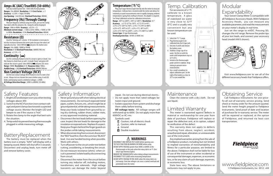 Temp. calibration, Modular expandability, Safety features | Batteryreplacement, Safety information, Maintenance, Limited warranty, Obtaining service, Amps ac (aac) truerms (50-60hz), Frequency (hz) through clamp | Fieldpiece SC54 - Swivel Head Clamp Meter User Manual | Page 2 / 2