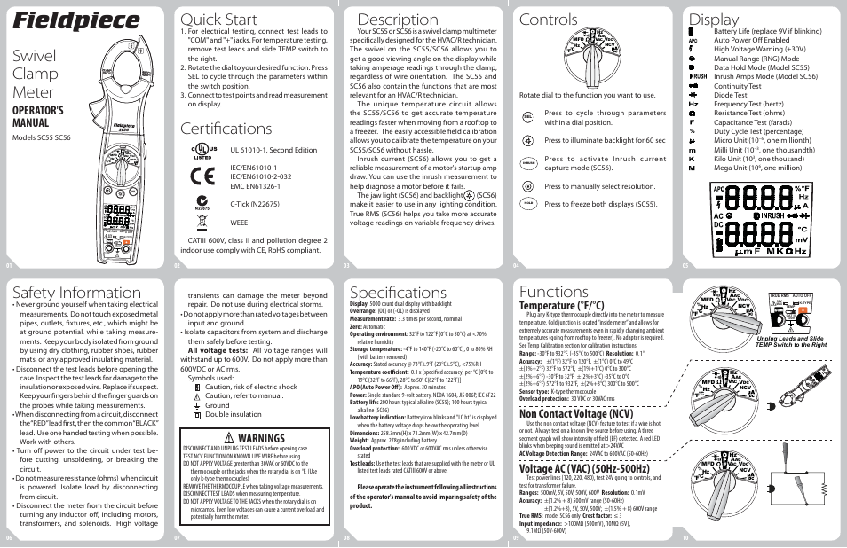 Fieldpiece SC55 - Dual Display Swivel-Head Clamp Meter User Manual | 2 pages