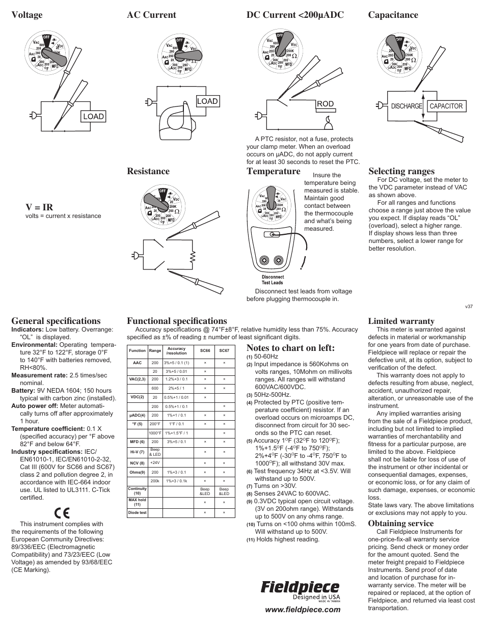 Selecting ranges, Voltage v = ir, Functional specifications | General specifications, Dc current <200µadc, Limited warranty, Obtaining service | Fieldpiece SC66 - Basic Manual Ranging Clamp Meter User Manual | Page 2 / 2