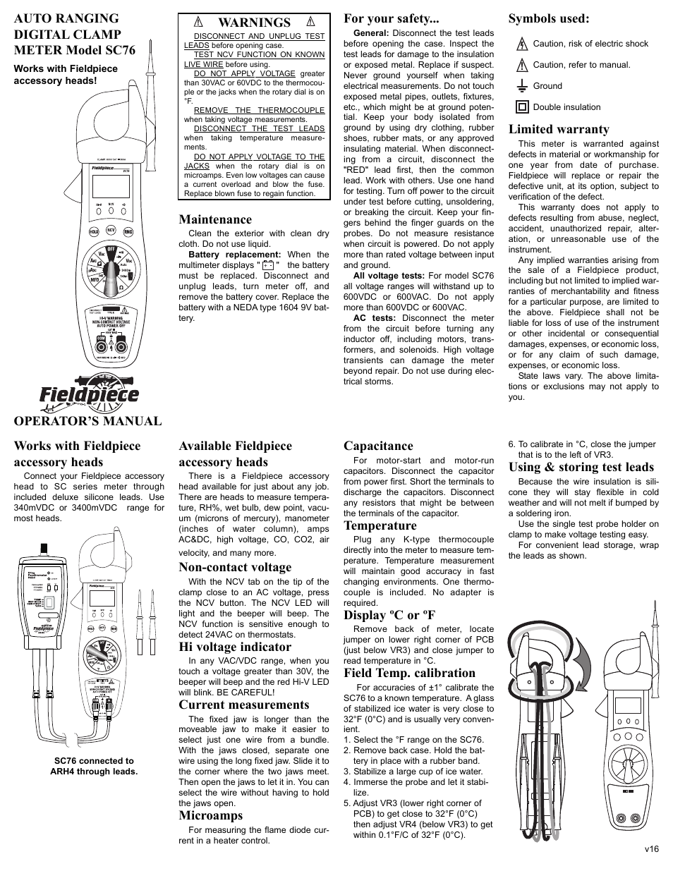 Fieldpiece SC76 - Temperature and Capacitance Clamp Meter User Manual | 2 pages