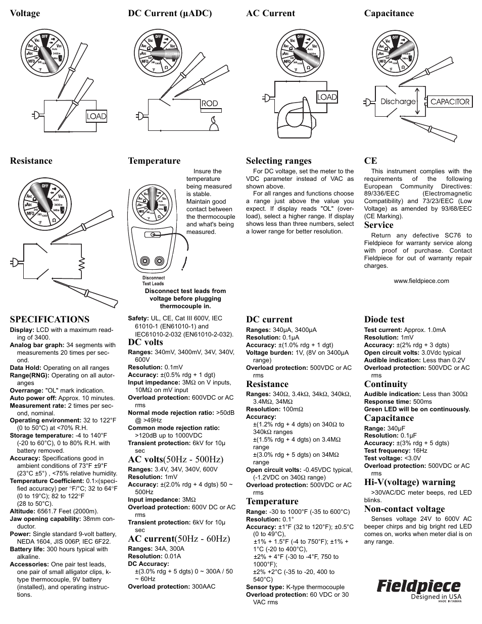 Specifications, Dc volts, Ac current (50hz - 60hz) | Dc current, Resistance, Temperature, Diode test, Continuity, Capacitance, Hi-v(voltage) warning | Fieldpiece SC76 - Temperature and Capacitance Clamp Meter User Manual | Page 2 / 2