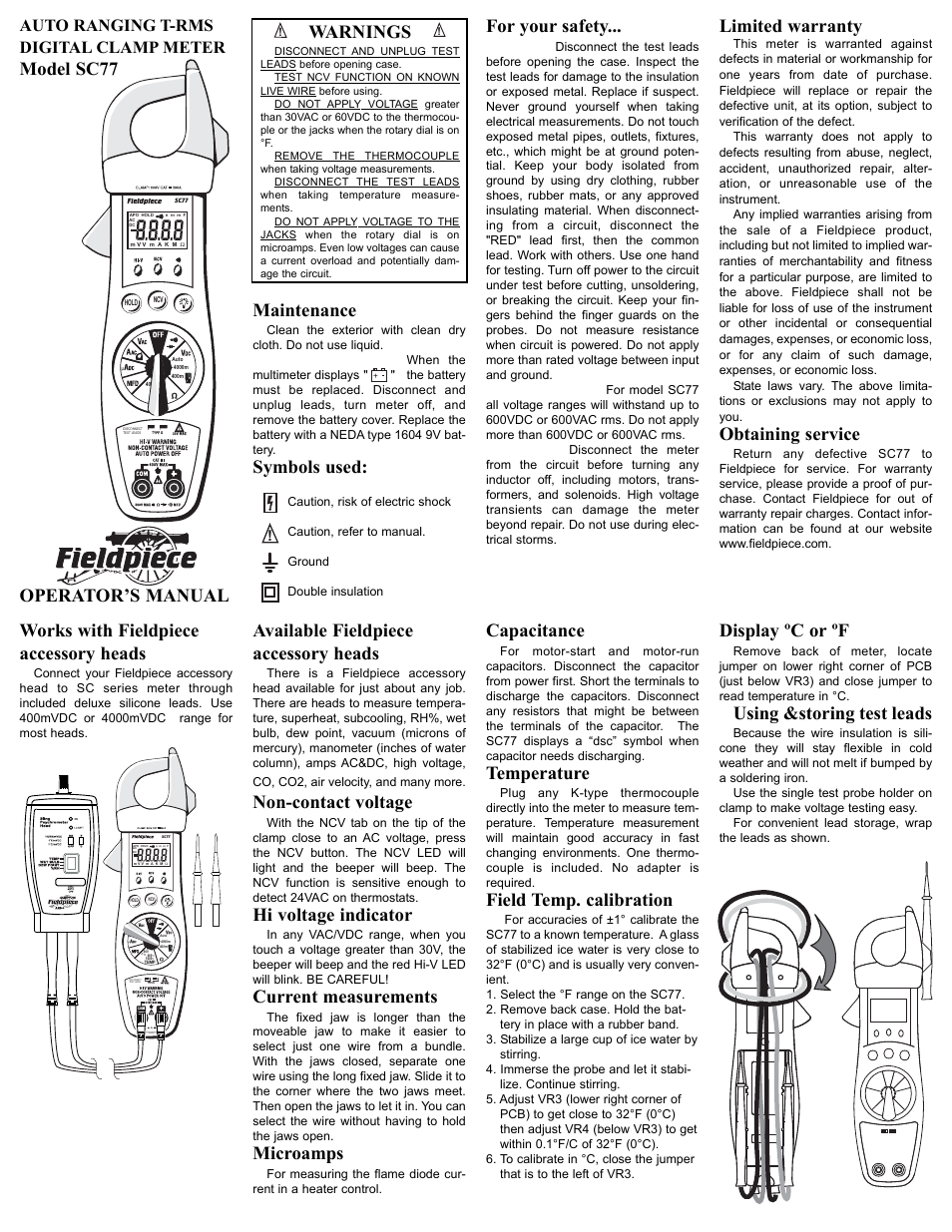Fieldpiece SC77 - True RMS Clamp Meter User Manual | 2 pages