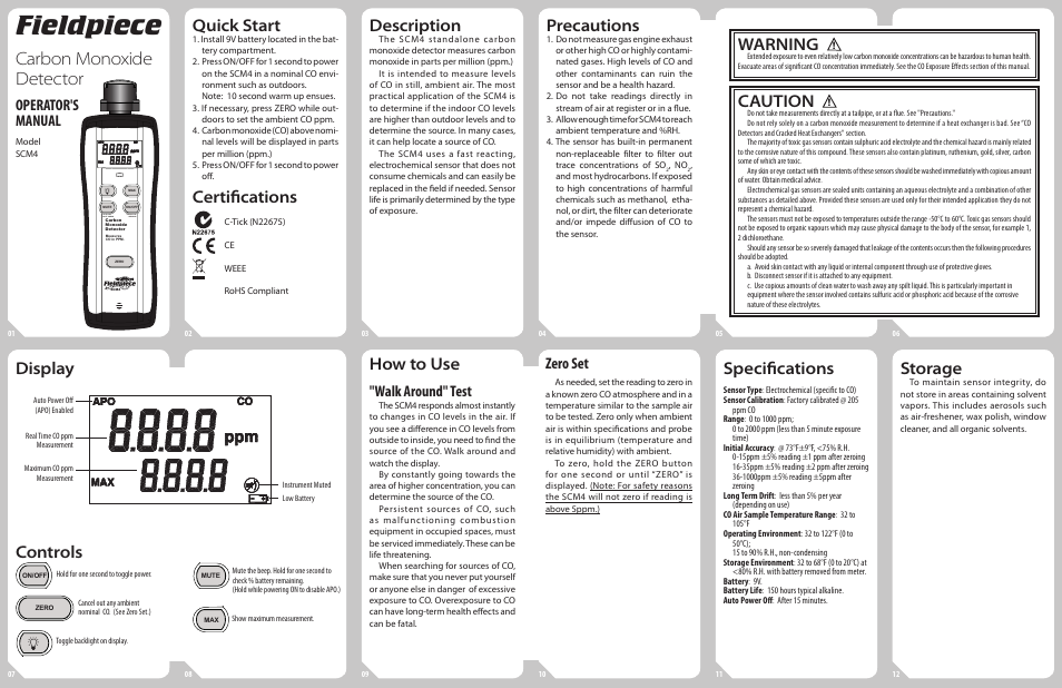 Fieldpiece SCM4 - Carbon Monoxide Detector User Manual | 2 pages