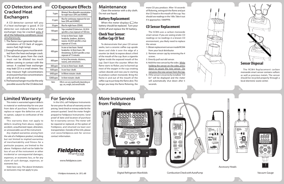 Co detectors and cracked heat exchangers, Maintenance, Limited warranty | For service, Battery replacement, Check your sensor: coffee cup co test, Co sensor replacement, Sensor disposal | Fieldpiece SCM4 - Carbon Monoxide Detector User Manual | Page 2 / 2