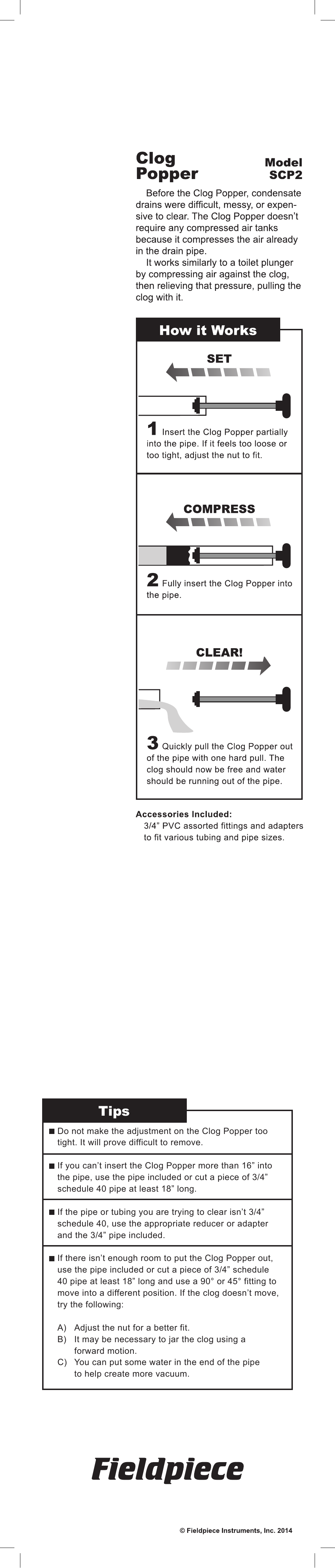 Fieldpiece SCP2 - Clog Popper User Manual | 1 page