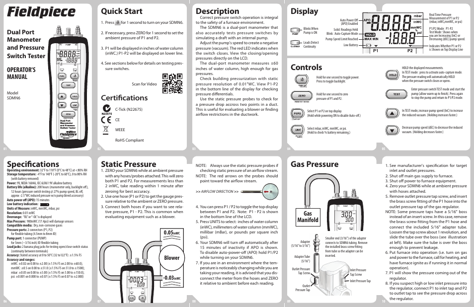 Fieldpiece SDMN6 - Dual Port Manometer and Pressure Switch Tester User Manual | 2 pages