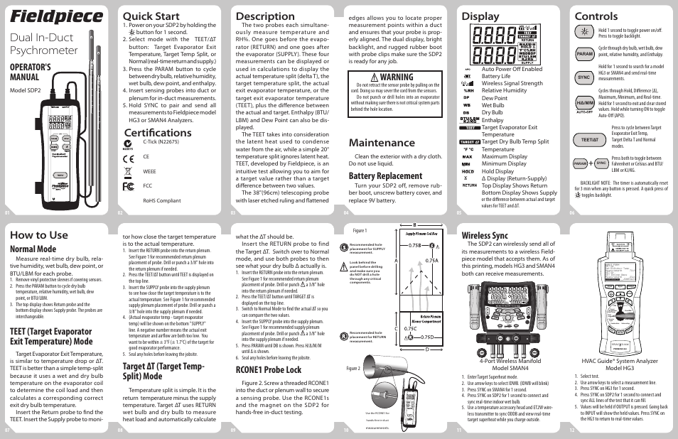 Fieldpiece SDP2 - Dual In-Duct Psychrometer User Manual | 2 pages