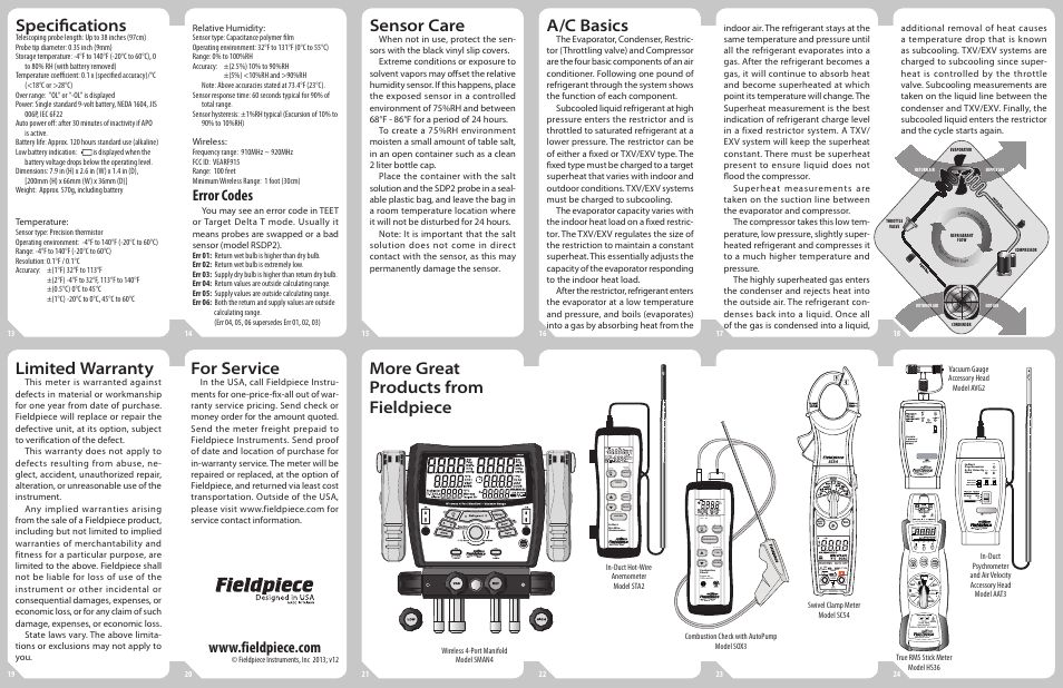 Specifications, Sensor care, A/c basics | Limited warranty, For service, More great products from fieldpiece, Error codes, Temperature, Relative humidity, Wireless | Fieldpiece SDP2 - Dual In-Duct Psychrometer User Manual | Page 2 / 2