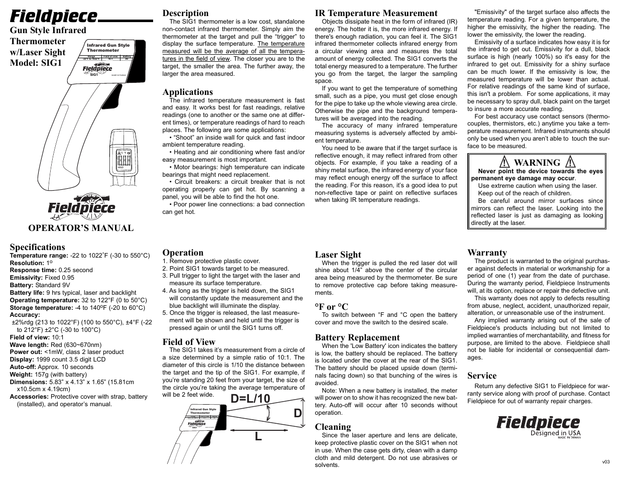 Fieldpiece SIG1 - Gun Style IR Thermometer User Manual | 1 page