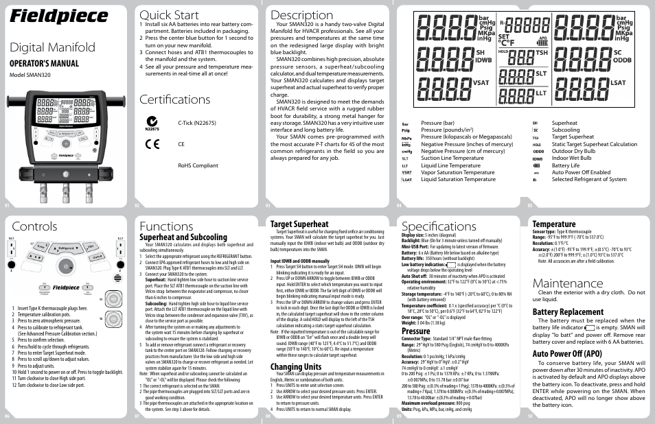 Fieldpiece SMAN320 - 3-Port Digital Manifold User Manual | 2 pages