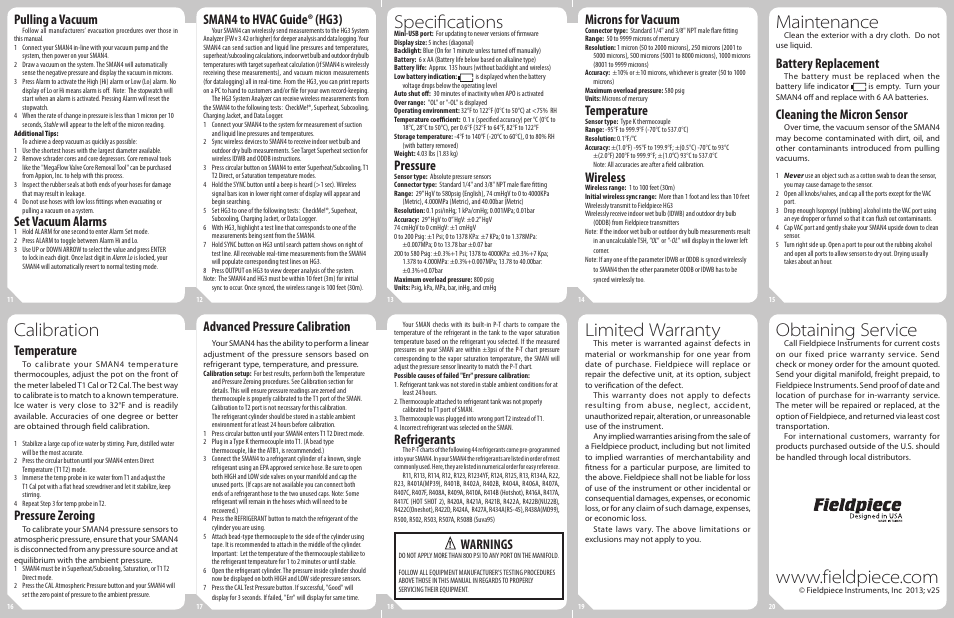 Specifications, Maintenance, Calibration | Limited warranty, Obtaining service, Pulling a vacuum, Set vacuum alarms, Sman4 to hvac guide® (hg3), Pressure, Microns for vacuum | Fieldpiece SMAN4 - 4 Port Wireless Digital Manifold User Manual | Page 2 / 2