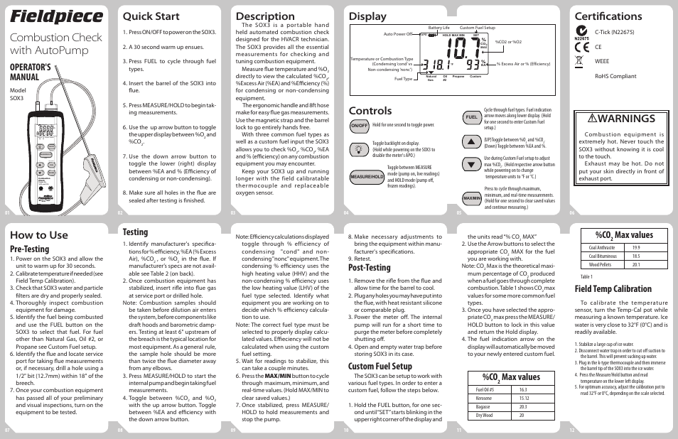 Fieldpiece SOX3 - Combustion Checker with Auto Pump User Manual | 2 pages