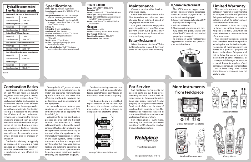 Maintenance, Limited warranty, Combustion basics | For service, More instruments from fieldpiece specifications, Temperature, Oxygen, Battery replacement, Sensor replacement, Typical recommended flue gas measurements | Fieldpiece SOX3 - Combustion Checker with Auto Pump User Manual | Page 2 / 2