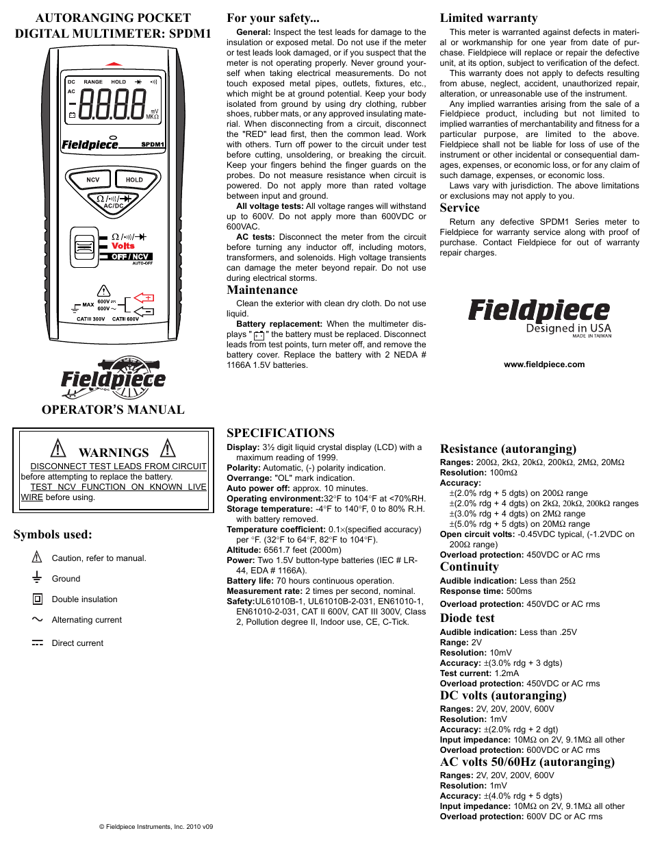 Fieldpiece SPDM1 - Pocket Digital Multimeter User Manual | 2 pages