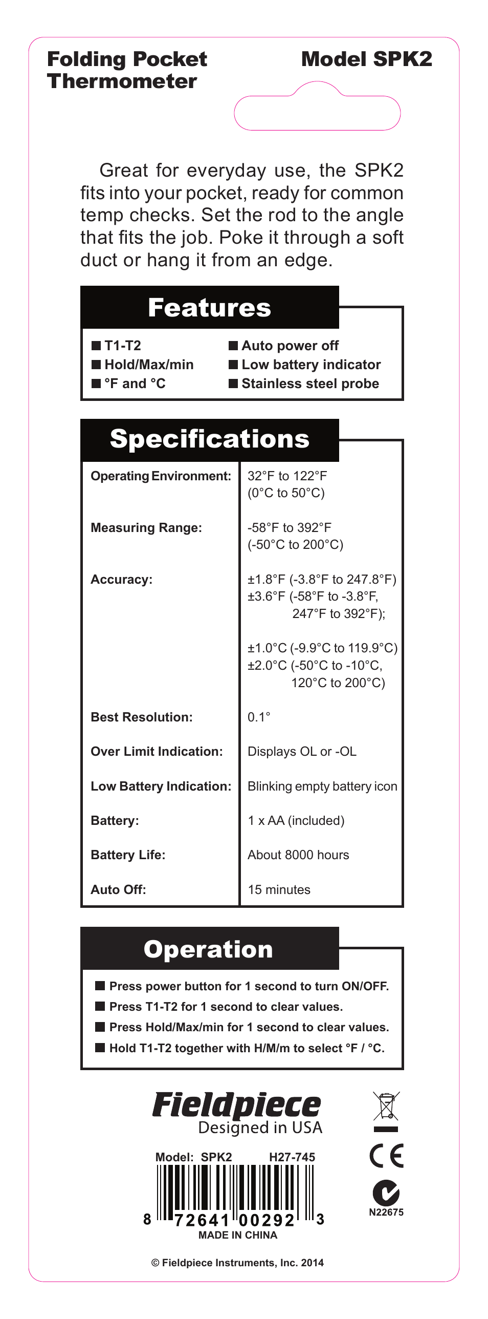 Features specifications, Operation, Model spk2 folding pocket thermometer | Fieldpiece SPK2 - Folding Pocket In-Duct Thermometer User Manual | Page 2 / 2