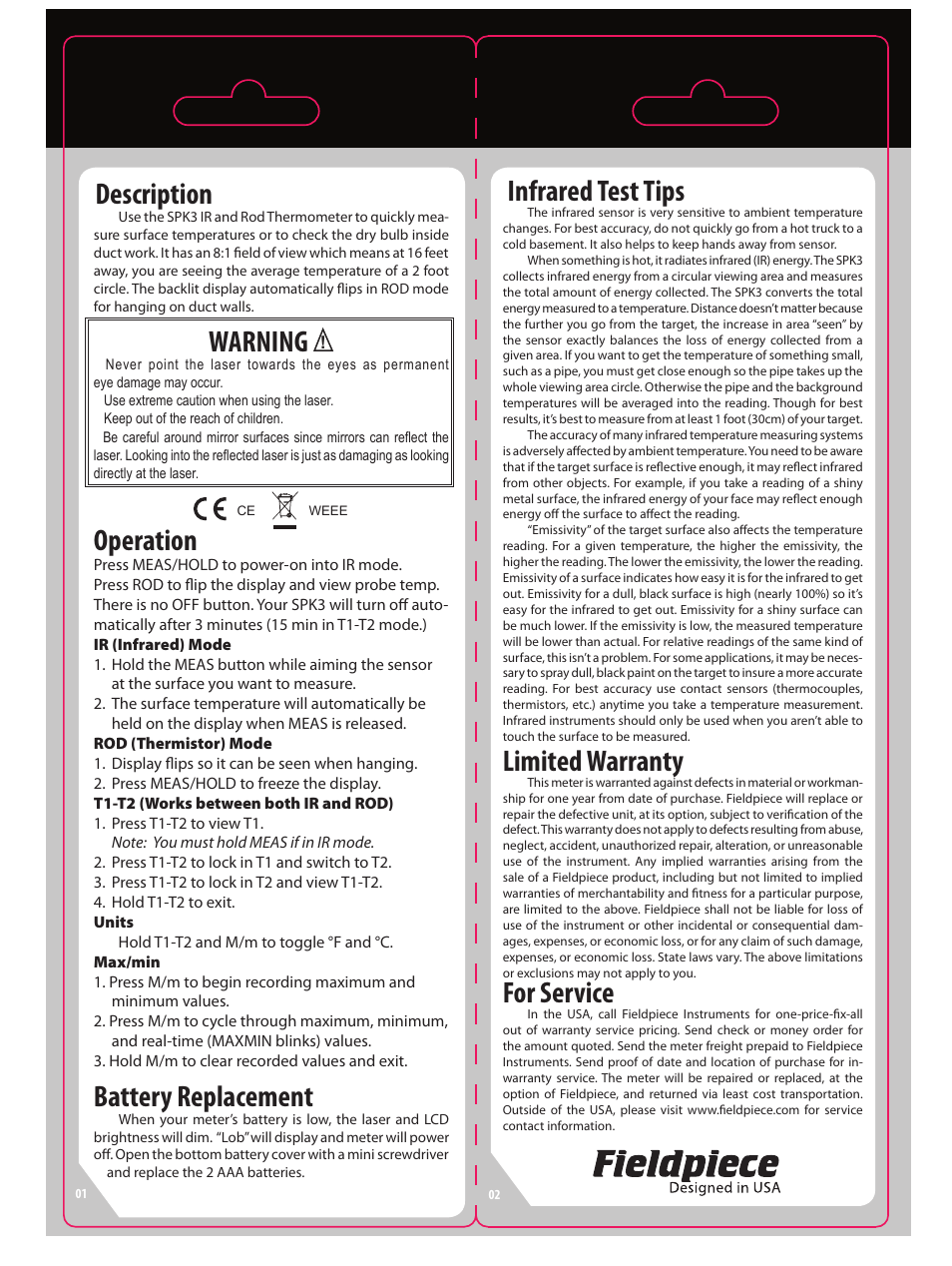 Description, Warning, Operation | Battery replacement, Infrared test tips, Limited warranty, For service | Fieldpiece SPK3 - Rod and IR Temperature Pocket Style Tool User Manual | Page 2 / 2