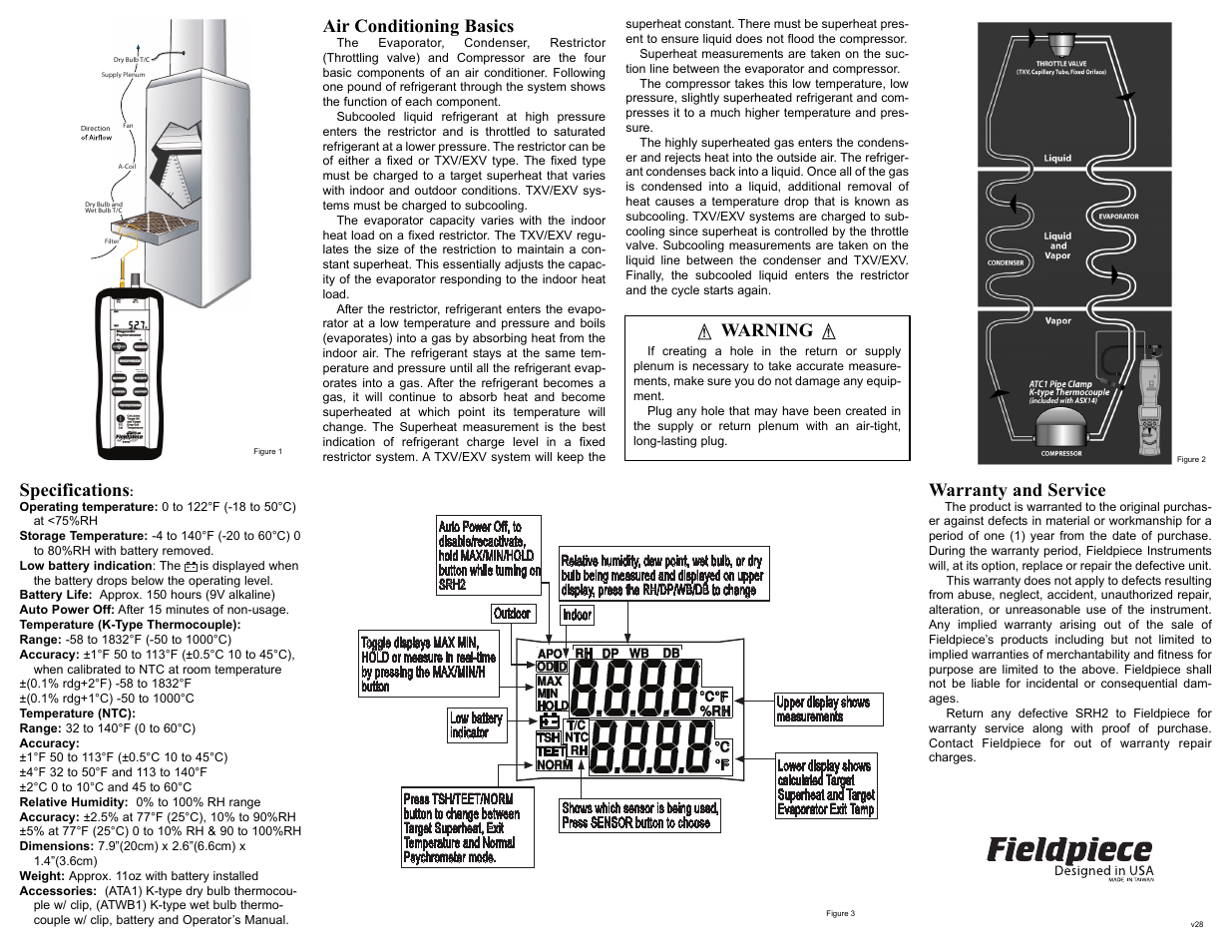 Air conditioning basics, Specifications, Warranty and service | Press for 1 second battery check auto-off, Warning | Fieldpiece SRH2 - Diagnostic Psychrometer User Manual | Page 2 / 2