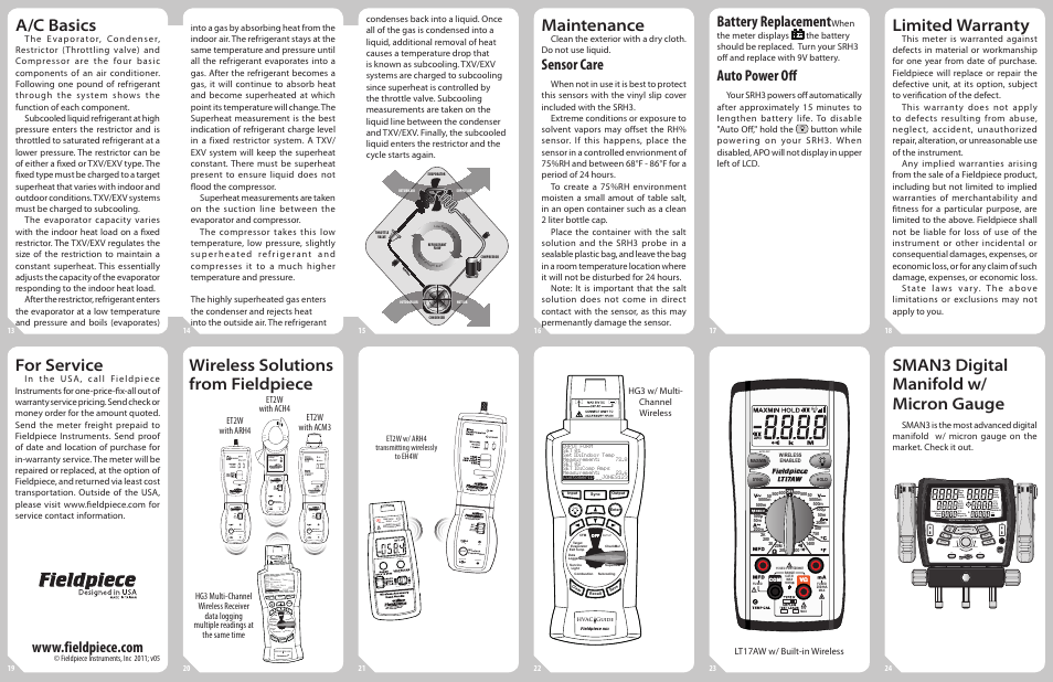 A/c basics, Maintenance, Limited warranty | For service, Wireless solutions from fieldpiece, Sman3 digital manifold w/ micron gauge, Sensor care, Battery replacement, Auto power off, Lt17aw w/ built-in wireless | Fieldpiece SRH3 - In Duct Diagnostic Psychrometer User Manual | Page 2 / 2