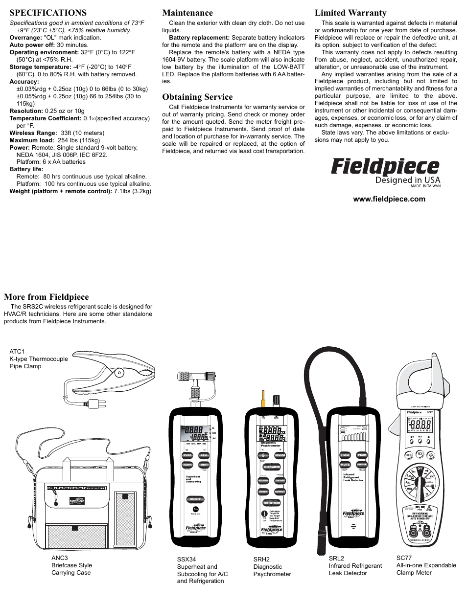 Specifications, Maintenance, Obtaining service | Limited warranty, More from fieldpiece | Fieldpiece SRS2C - Wireless Refrigerant Scale User Manual | Page 2 / 2
