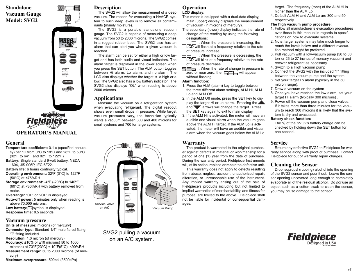 Fieldpiece SVG2 - Digital Vacuum Micron Gauge User Manual | 1 page