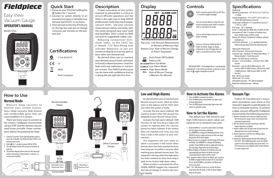 Fieldpiece SVG3 - Digital Micron Vacuum Gauge User Manual | 2 pages