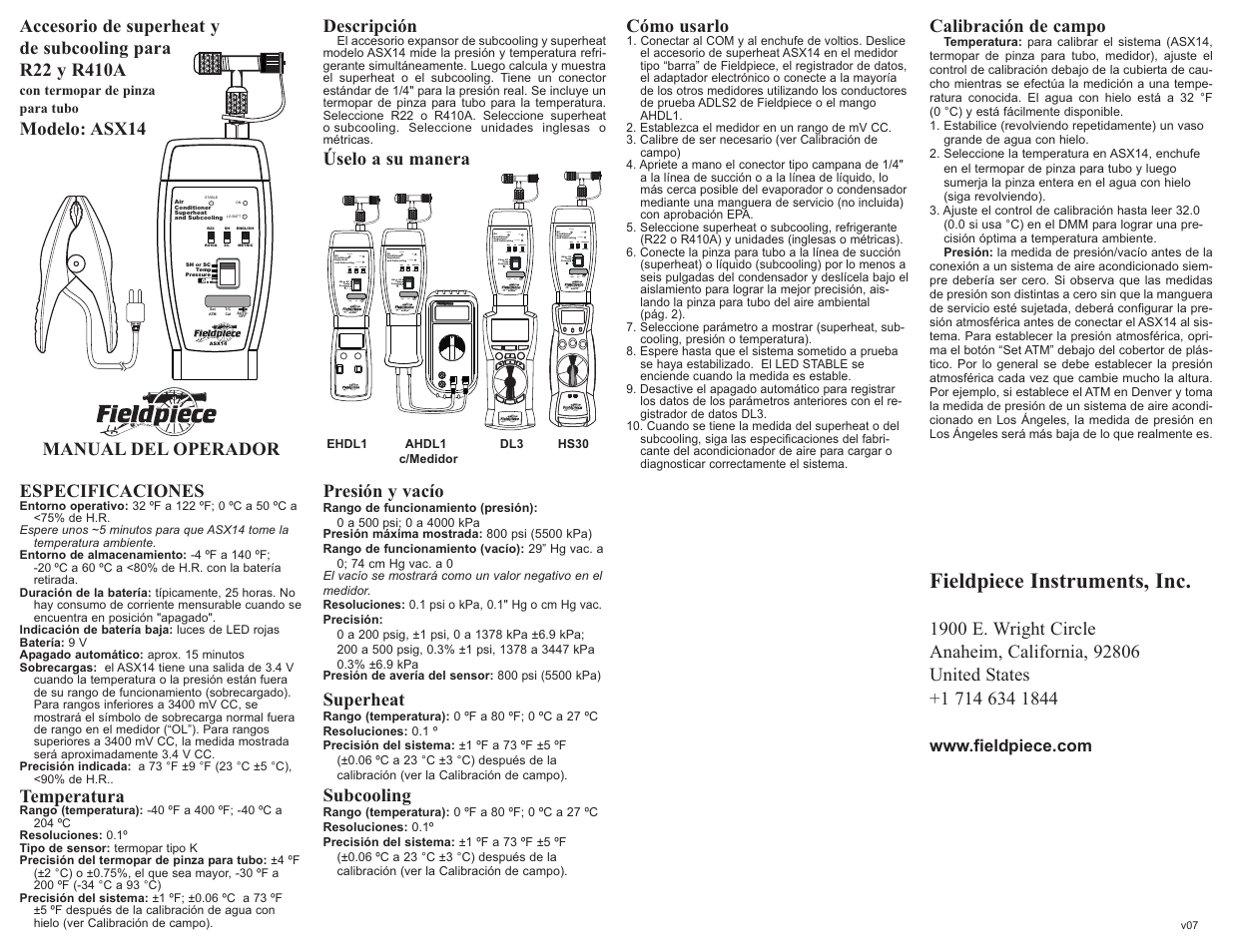 Fieldpiece ASX14 Accesorio de superheat y de subcooling para R22 y R410A User Manual | 2 pages