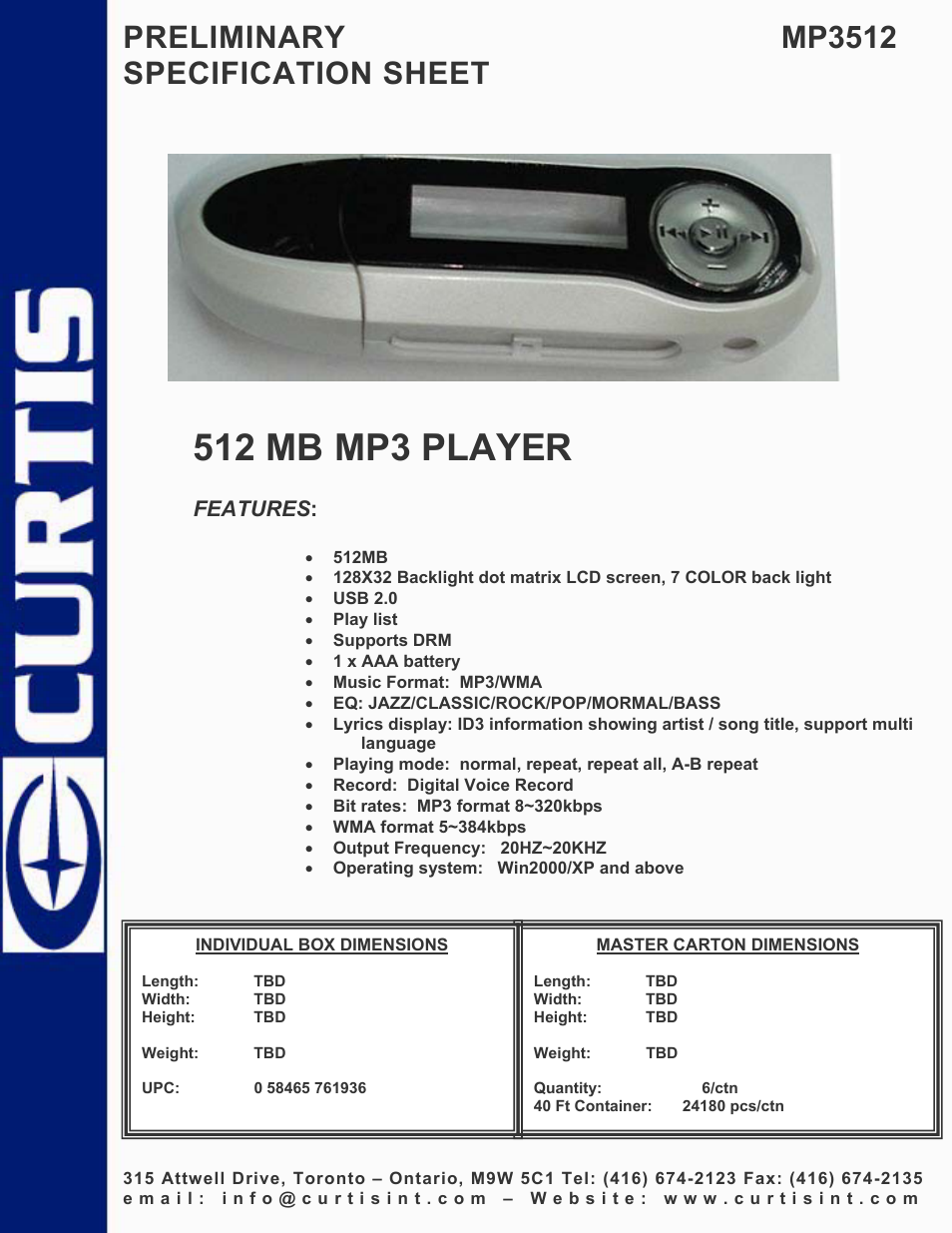 Curtis MP3512 User Manual | 1 page