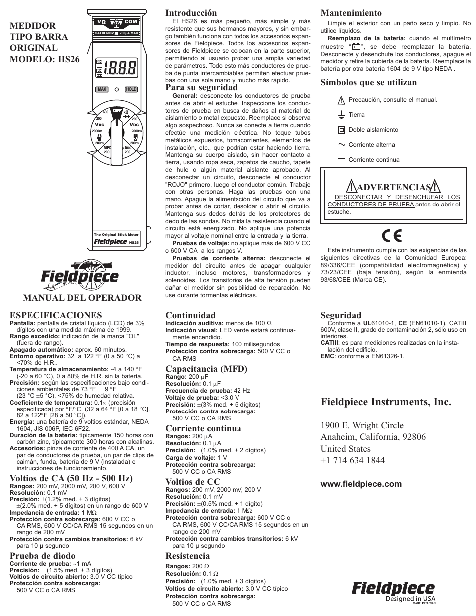 Fieldpiece HS26 MEDIDOR TIPO BARRA ORIGINAL User Manual | 2 pages