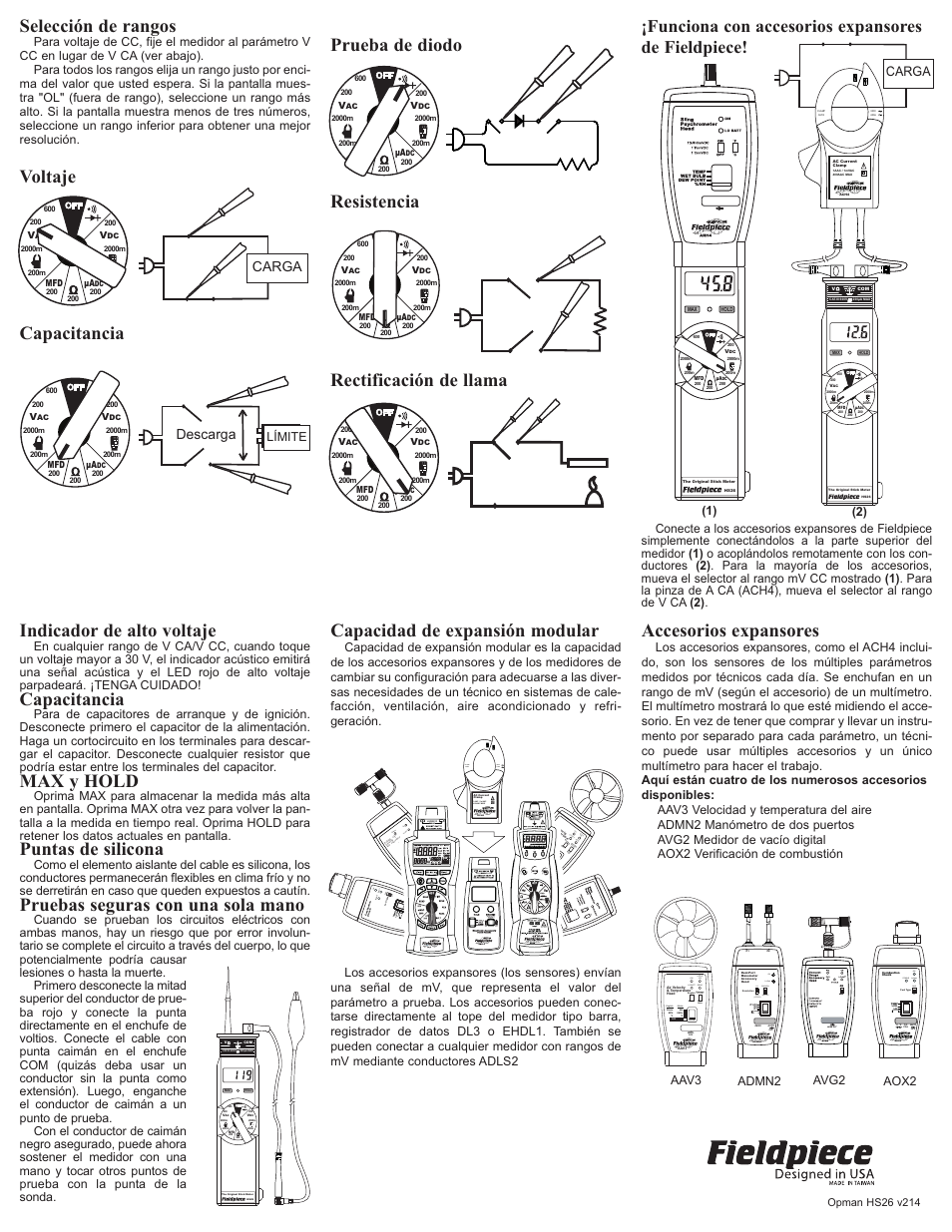 Capacitancia, Max y hold, Puntas de silicona | Pruebas seguras con una sola mano, Capacidad de expansión modular, Accesorios expansores, Voltaje capacitancia selección de rangos, Funciona con accesorios expansores de fieldpiece, On lo ba tt, Read lo batt on lcd x 100 | Fieldpiece HS26 MEDIDOR TIPO BARRA ORIGINAL User Manual | Page 2 / 2