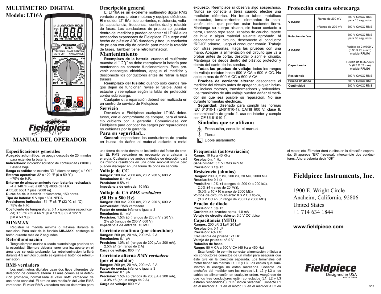 Fieldpiece LT16A MULTÍMETRO DIGITAL User Manual | 2 pages