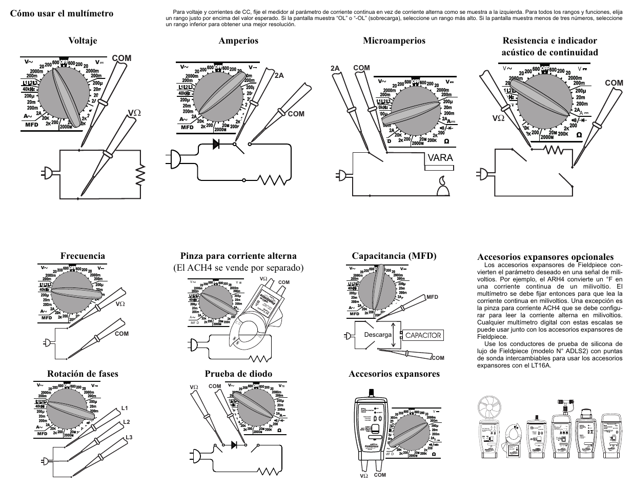 Cómo usar el multímetro, Accesorios expansores opcionales, Vara | Fieldpiece LT16A MULTÍMETRO DIGITAL User Manual | Page 2 / 2