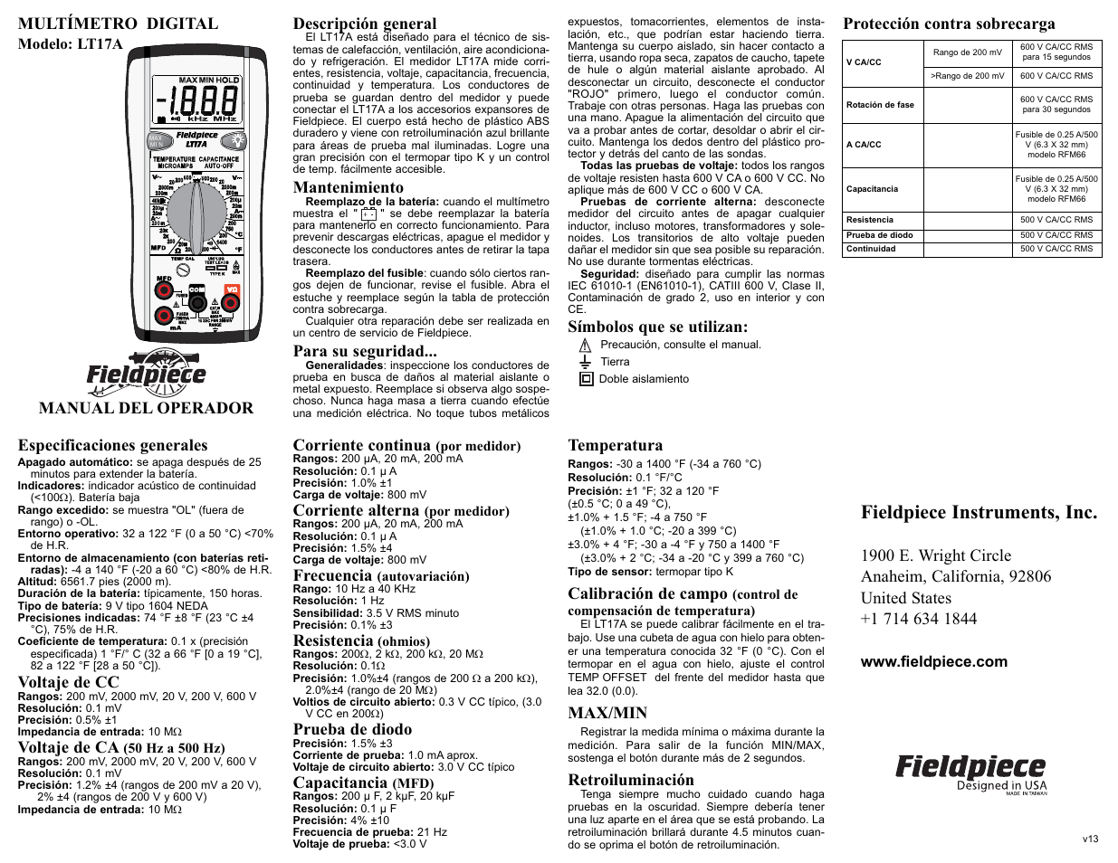 Fieldpiece LT17A MULTÍMETRO DIGITAL User Manual | 2 pages
