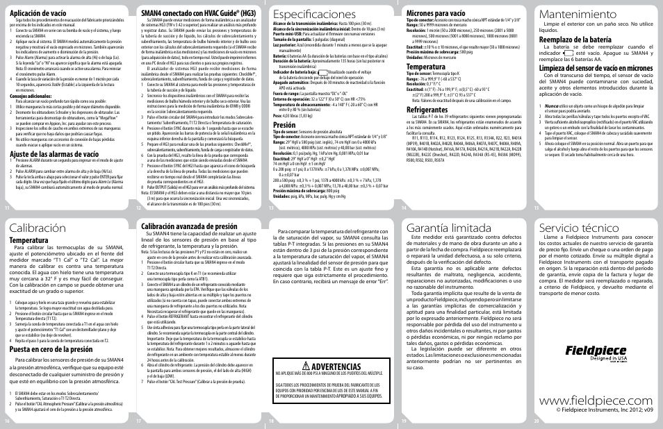 Especificaciones, Mantenimiento, Calibración | Garantía limitada, Servicio técnico, Advertencias, Aplicación de vacío, Ajuste de las alarmas de vacío, Sman4 conectado con hvac guide® (hg3), Presión | Fieldpiece SMAN4 Manifold Digital de 4 Puertos User Manual | Page 2 / 2