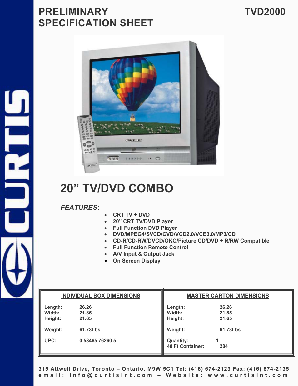 Curtis TVD2000 User Manual | 1 page