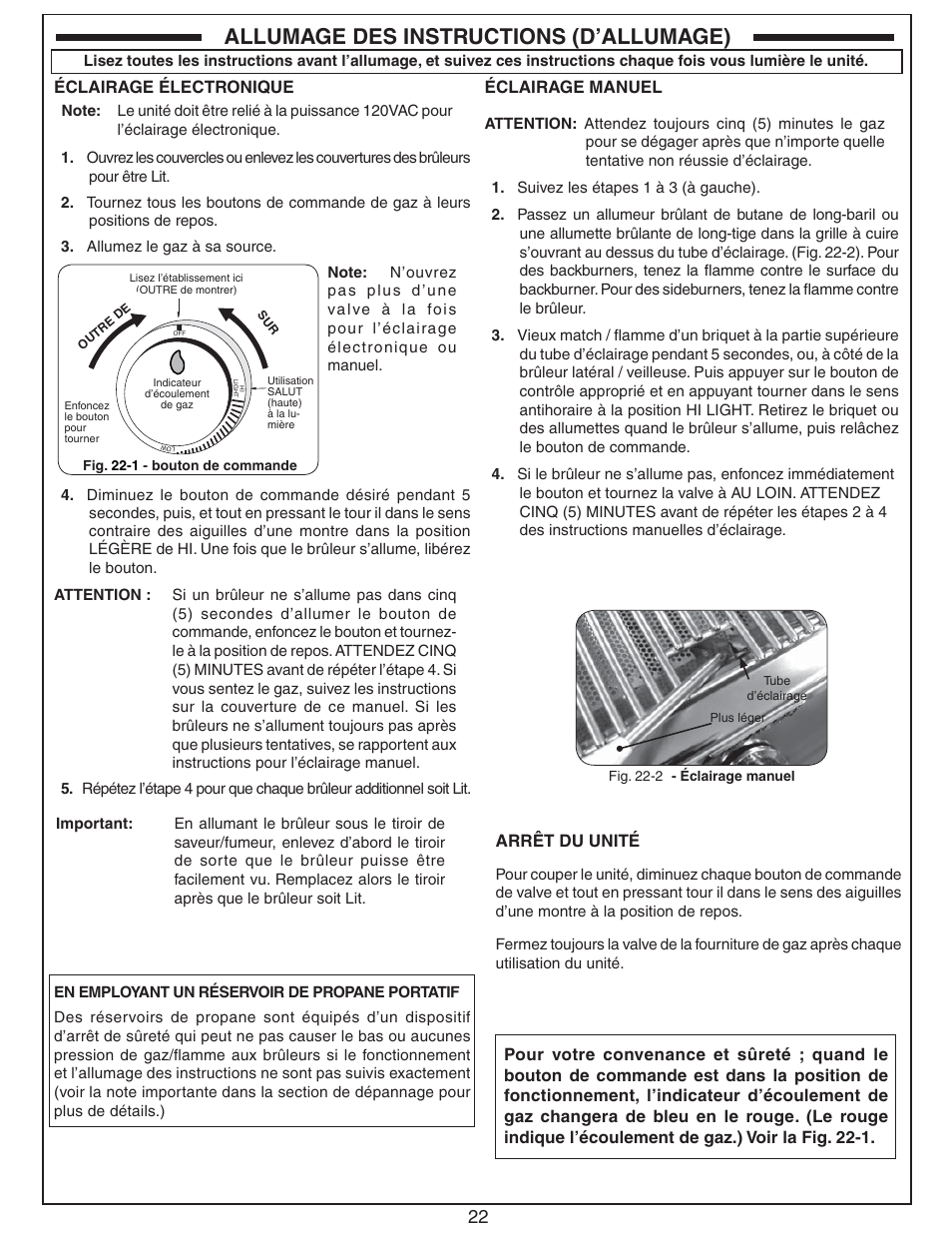 Allumage des instructions (d’allumage), Arrêt du unité, Éclairage électronique | Éclairage manuel | Fire Magic Echelon Diamond Stand Alone Grill User Manual | Page 22 / 48