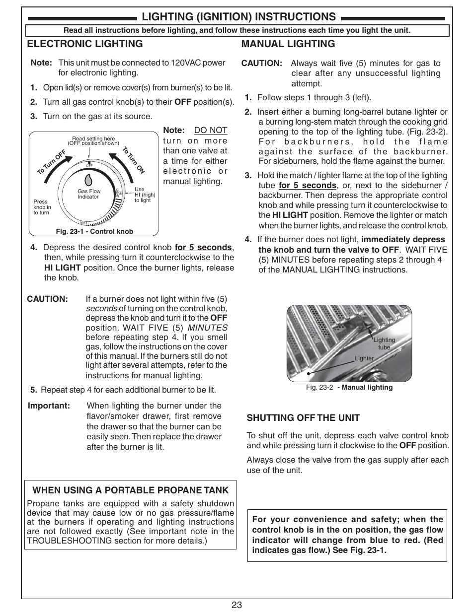Lighting (ignition) instructions, Electronic lighting, Manual lighting | 23 shutting off the unit, When using a portable propane tank | Fire Magic Echelon Diamond Stand Alone Grill User Manual | Page 23 / 48