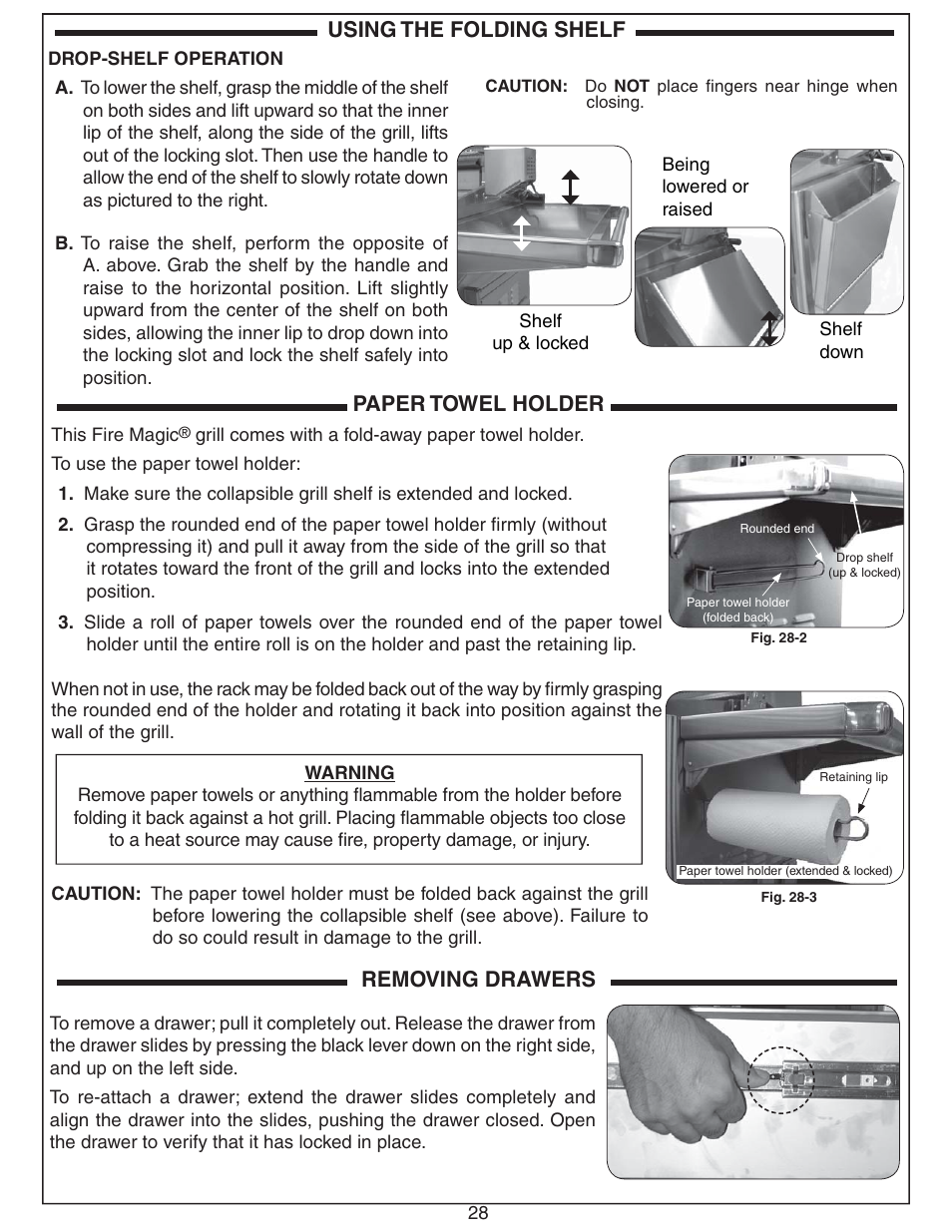Using the folding shelf paper towel holder, Removing drawers | Fire Magic Echelon Diamond Stand Alone Grill User Manual | Page 28 / 48