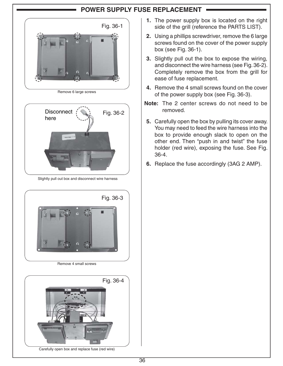 Power supply fuse replacement | Fire Magic Echelon Diamond Stand Alone Grill User Manual | Page 36 / 48
