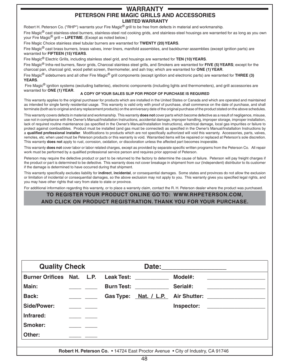 Quality check date, Warranty | Fire Magic Echelon Diamond Stand Alone Grill User Manual | Page 48 / 48