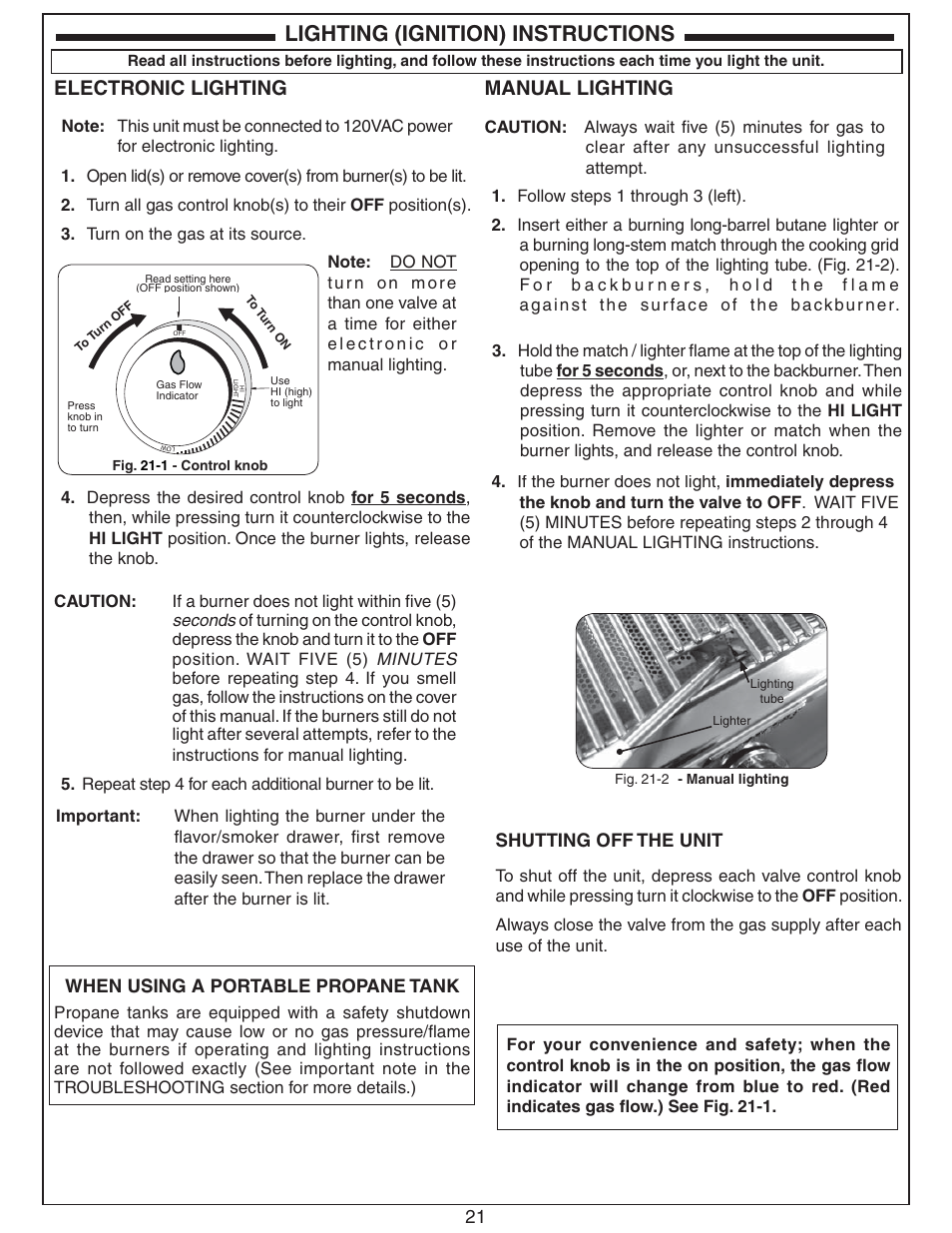 Lighting (ignition) instructions, Electronic lighting, Manual lighting | 21 shutting off the unit, When using a portable propane tank | Fire Magic Echelon Diamond Built-In Grill User Manual | Page 21 / 40