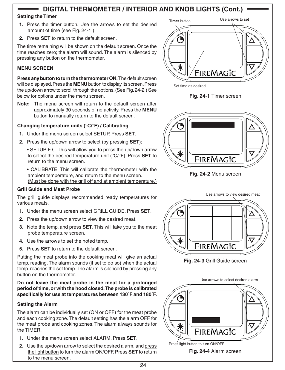 Timer, Setup grill guide alarm backlight, Off off off on zone 1 zone 2 zone 3 probe | Fire Magic Echelon Diamond Built-In Grill User Manual | Page 24 / 40