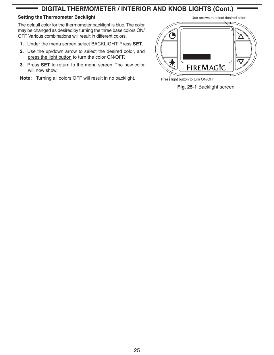 Backlight, Off off on, Red green blue | Fire Magic Echelon Diamond Built-In Grill User Manual | Page 25 / 40