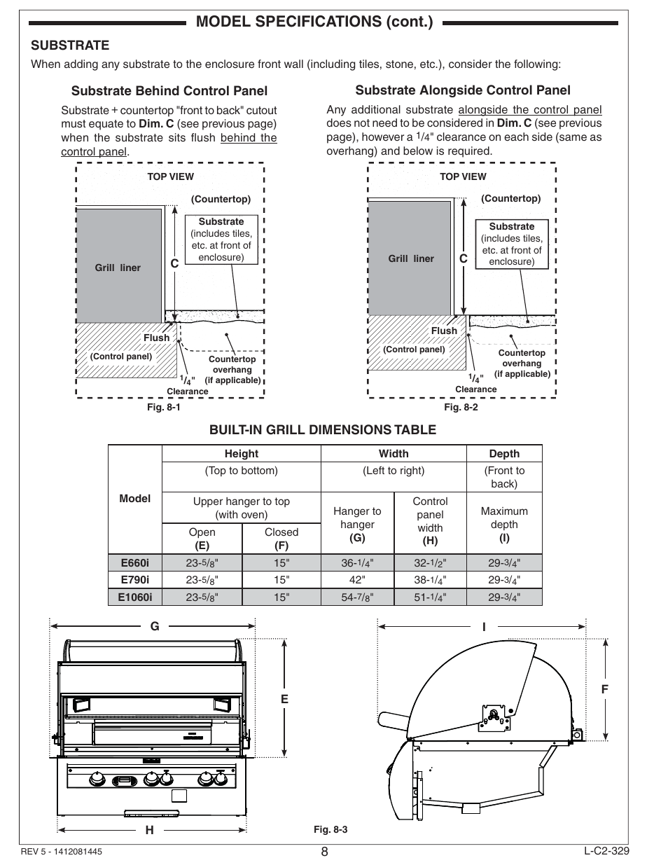Model specifications (cont.), Built-in grill dimensions table, Substrate | Fire Magic Echelon Diamond Built-In Grill User Manual | Page 8 / 40