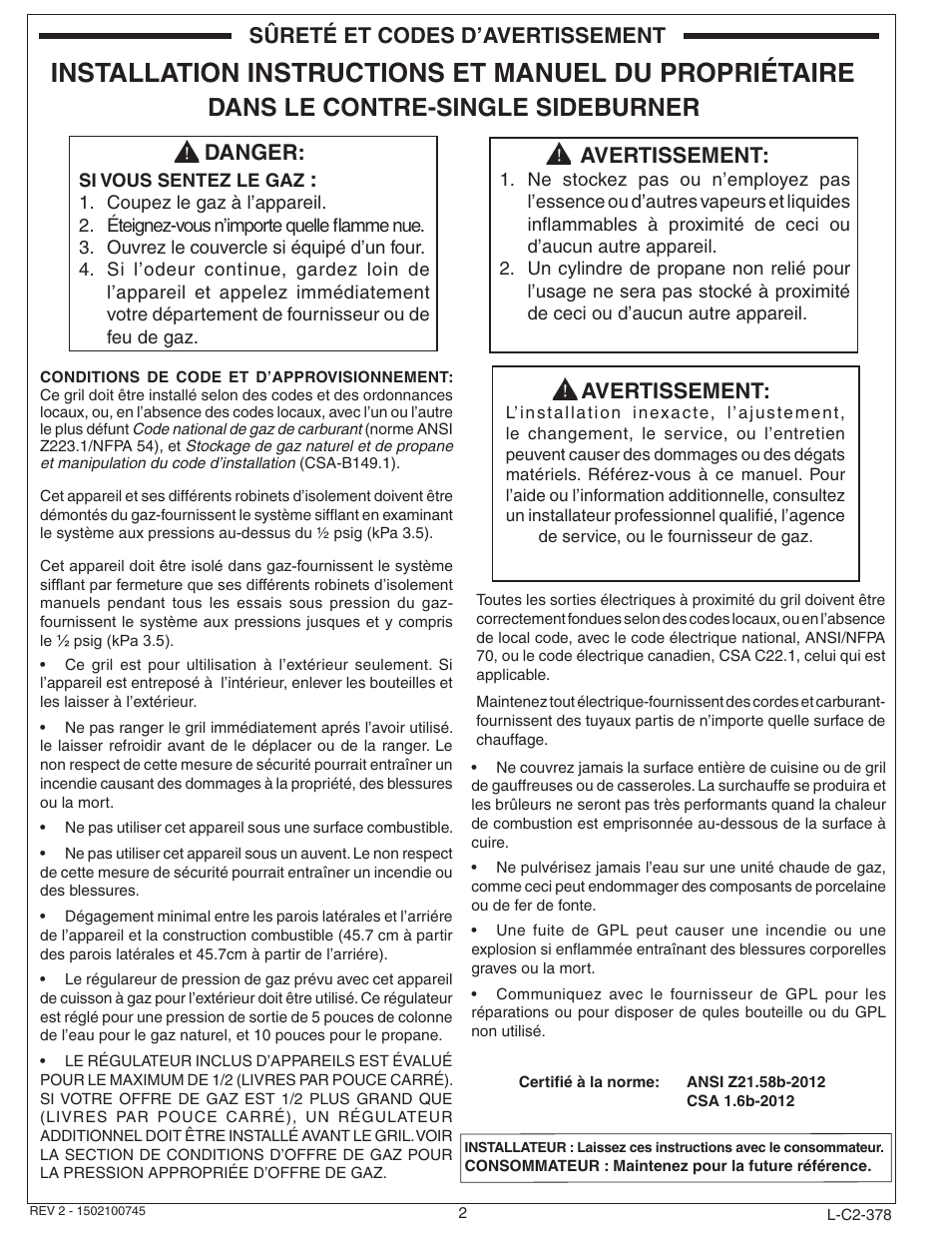 Dans le contre- single sideburner, Danger, Avertissement | Sûreté et codes d’avertissement | Fire Magic Diamond Single Sideburner 32794-1 Series User Manual | Page 2 / 26