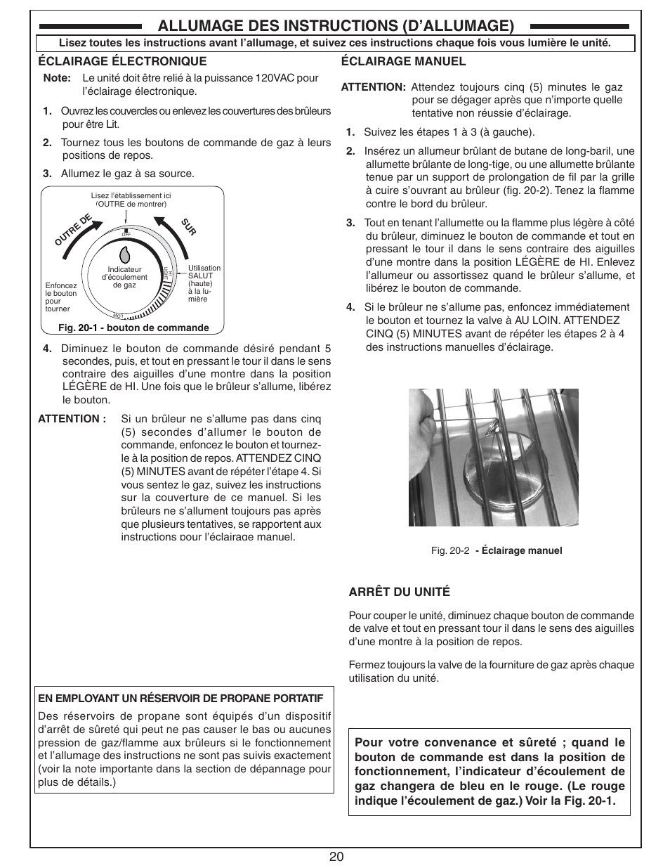 Allumage des instructions (d’allumage), Arrêt du unité, Éclairage électronique | Éclairage manuel | Fire Magic Diamond Single Sideburner 32794-1 Series User Manual | Page 20 / 26