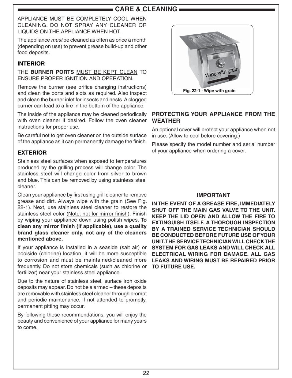 Care & cleaning | Fire Magic Diamond Single Sideburner 32794-1 Series User Manual | Page 22 / 26